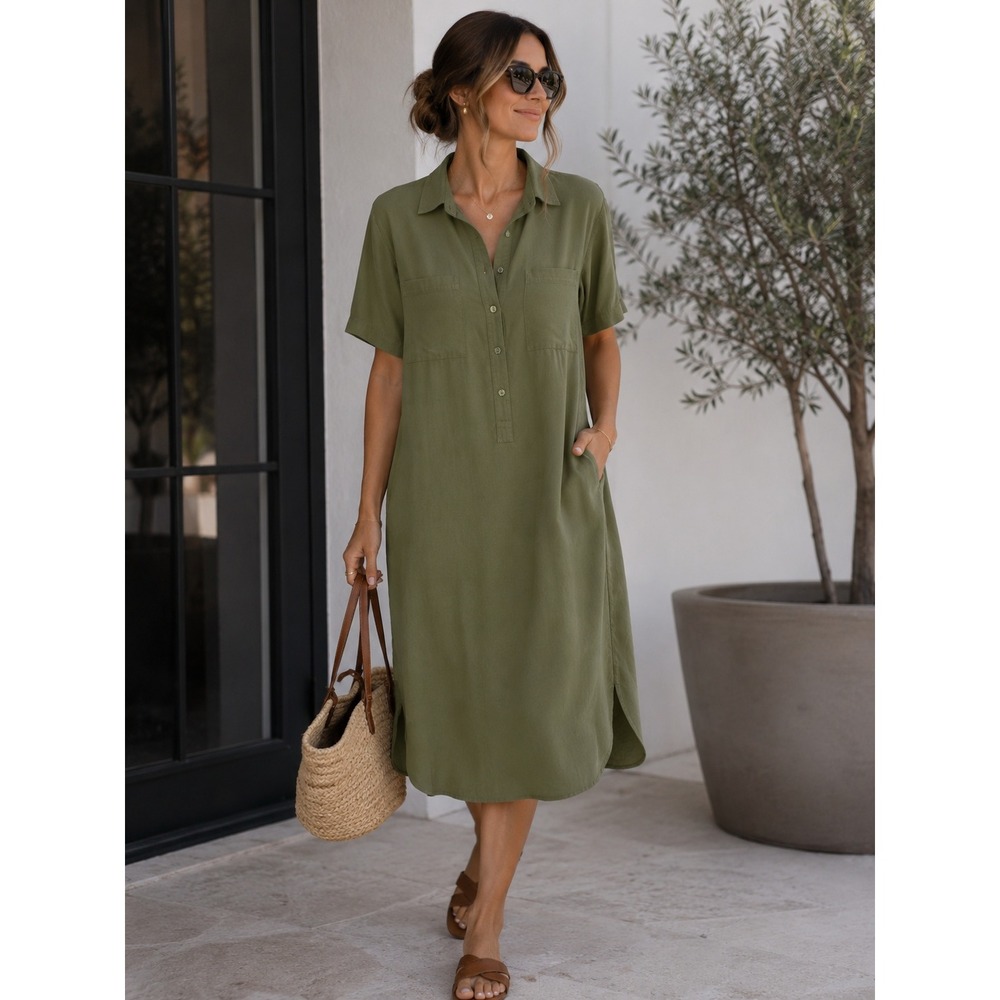 Nordstrom Rack Shirt Dress Womens Large Green Short Sleeve Utility Safari Midi